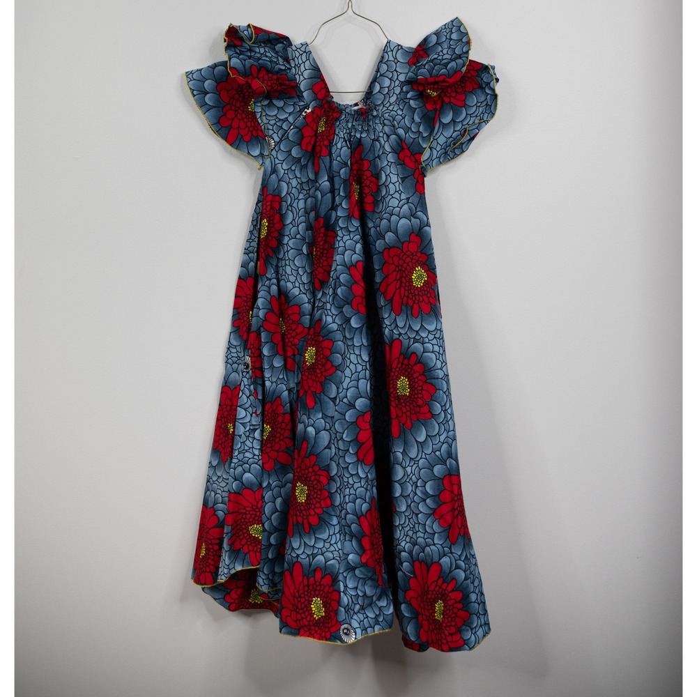 Arjay Maxi Dress Women One Size Blue Red Excellent African Wax Floral Ruffle